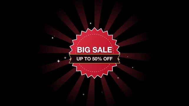 Big sale promo banner template with up to 50 percent off discount tag on dark sunburst radial background