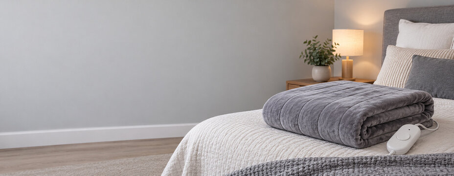 Cozy Bedroom Scene: A neatly made bed with a plush grey throw blanket and textured white comforter, illuminated by a warm bedside lamp and featuring a small potted plant.