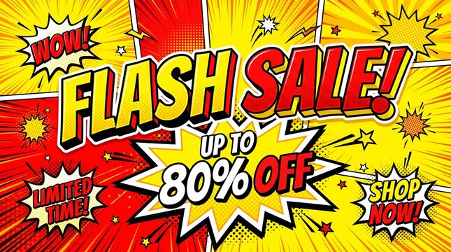 Pop art comic style promotional banner template with explosion clouds rays and discount special offer concept
