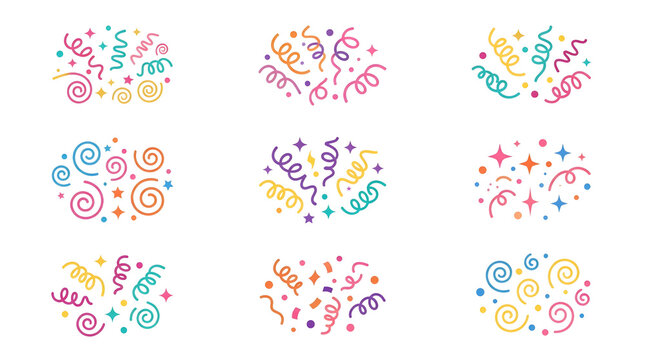 Colorful festive confetti vector set, party streamers, spirals, stars, and sparkles isolated on white background, celebration elements for birthday, carnival, holiday, festival decoration, vibrant doo