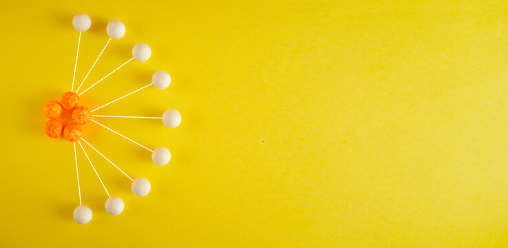 network structure with connections, hacker attack, cyber crime, showing teamwork capabilities,collaboration,ideas,innovation and business communication, analysis and planning of business on yellow bac