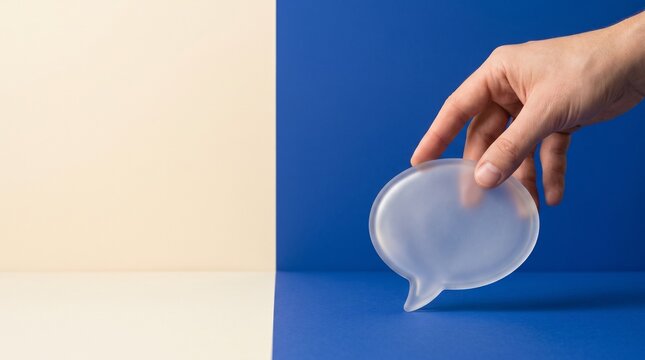 Hand holding frosted glass speech bubble on split blue and beige background