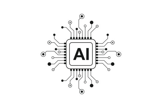 Artificial intelligence microchip processor icon with AI typography and circuit node connections for modern technology and computing concept
