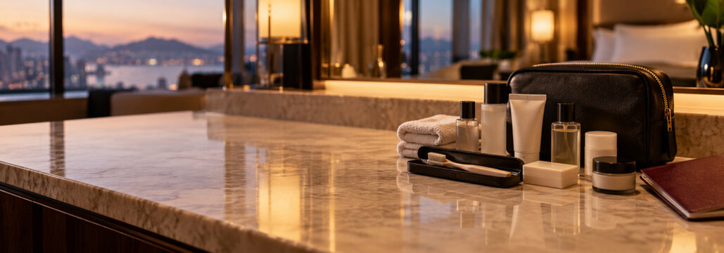 Luxury Hotel Suite Amenities: A beautifully arranged collection of upscale toiletries and amenities sits on a polished marble vanity in a luxurious hotel suite, overlooking a city skyline at dusk.