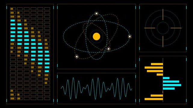 Futuristic multi panel HUD interface with solar system model and digital data visualizations.