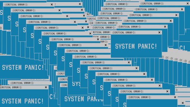 Computer screen flooded with multiple system panic messages, critical error