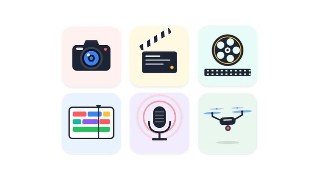 Set of flat vector icons representing multimedia production tools and creative equipment.