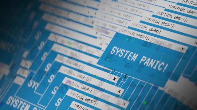 Multiple pop-up error windows fill computer screen, critical system failure