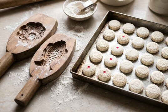 Carved wooden moulds and fresh pressed cookies on a baking tray