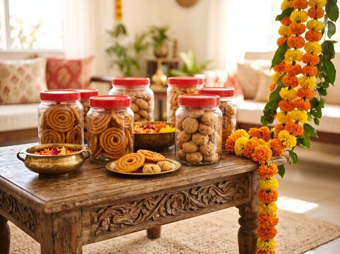 Glass jars of crunchy spiral snacks ready for a festive open house