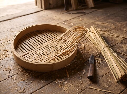 Close-up of split bamboo strips woven into a steamer basket