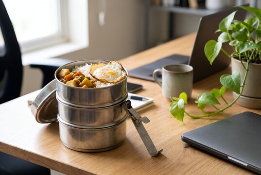 Stainless steel tiffin lunch carrier on a busy office desk
