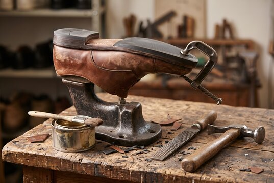 Close-up of a leather shoe being resoled in a cobbler workshop