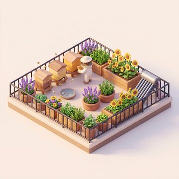Isometric 3D rooftop with beehives and flower planters