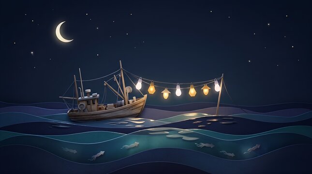 Paper cut illustration of a night fishing boat glowing with lamps