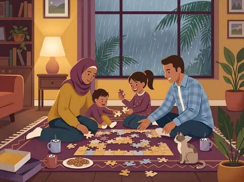 Flat illustration of a family doing a jigsaw puzzle on a rainy day