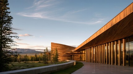 Fototapeta premium Modern wooden building with glass facade set against mountainous landscape under clear sky at golden hour