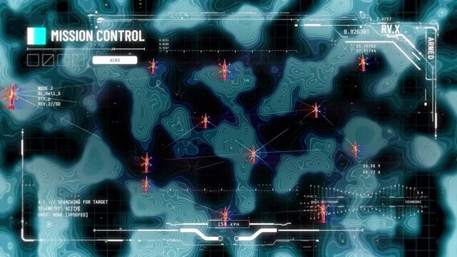 Multiple military drones carrying payloads approaching designated enemy targets