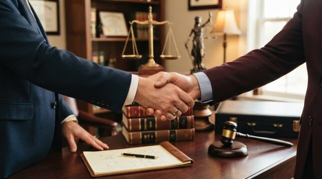 Two men shake hands at a wooden desk in a law office. A gavel, scales of justice, and legal documents are visible on the desk.