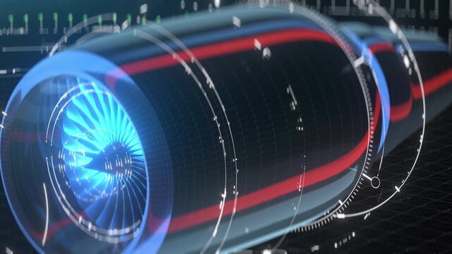 Futuristic jet engine hologram displayed as digital aerospace blueprint