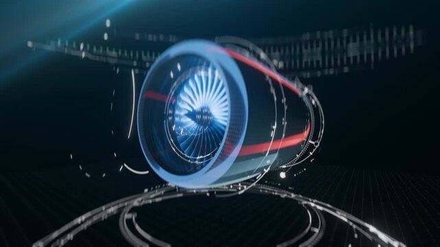 Digital turbofan engine blueprint rotating on futuristic sci-fi HUD display