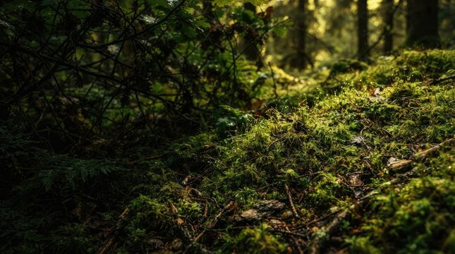 Sunlight filters through a dense forest, illuminating a patch of moss-covered ground.
