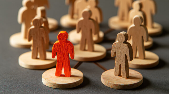 One red highlighted figure among wooden people linked in a network. Human resources, social network, leadership and team connection