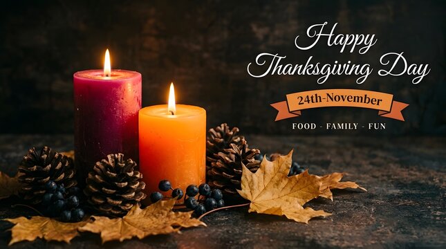 Happy Thanksgiving Day candles with pinecones and leaves for 28 November