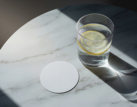 Blank white round coaster mockup beside a glass of lemon water on a sunlit white marble table