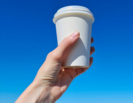 Blank white takeaway cup mockup with a lid held against blue sky