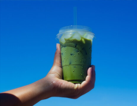 Clear iced matcha cup mockup held against blue sky