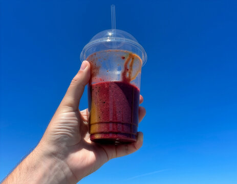 Clear dark purple smoothie cup mockup held against blue sky