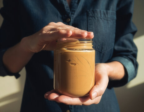 Peanut butter jar mockup held in front of a denim shirt