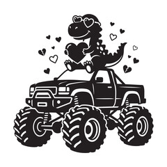 Cute valentine dinosaur holding heart on monster truck graphic design © MKMohsin