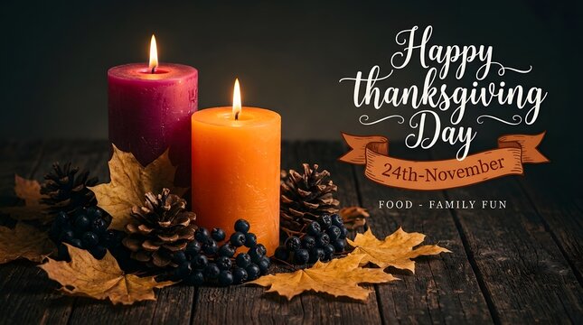 Happy Thanksgiving Day candles with pinecones and leaves for 28 November