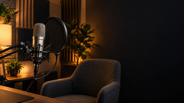 Microphone recording studio and empty chair create warm, professional audio space with acoustic panels, soft lamp light, and dark background