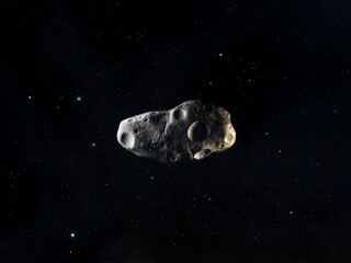 Dangerous asteroid with craters in space. Surface of a space rock. Large meteorite on a black background. © Nazarii