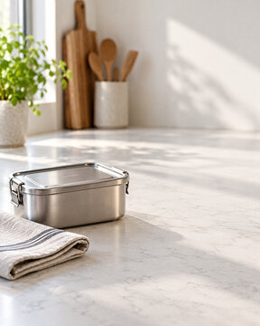 Lunchbox Ready: A sleek stainless steel lunchbox rests on a clean kitchen counter next to a folded napkin, with a plant and kitchen utensils blurred in the background, bathed in soft morning light.