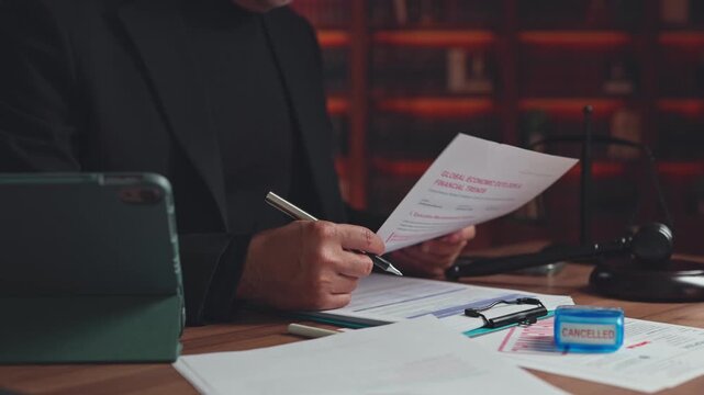 Lawyer reviews financial report papers beside gavel in law office. Contract cancellation review, bankruptcy legal documentation audit, foreclosure proceedings adjudication.