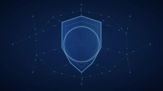 Digital shield icon with expanding circle and network animation
