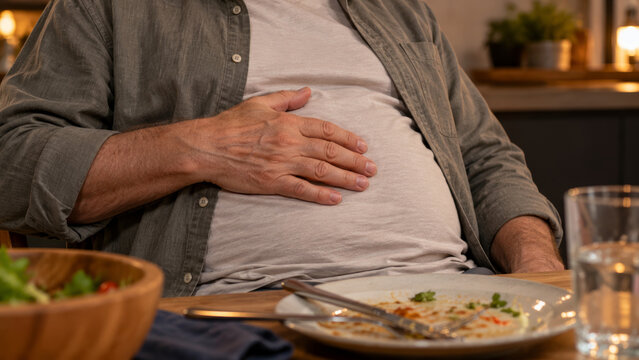 Man holding his abdomen after a meal at a dining table. Digestive system discomfort and indigestion concept. Stomach ache, digestive health and disease prevention.