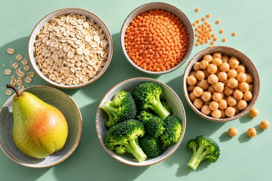 Bowls of oats, lentils, chickpeas, pear and broccoli for digestive health. High fiber foods for digestion and gut health. Plant based nutrition and disease prevention. Healthy eating