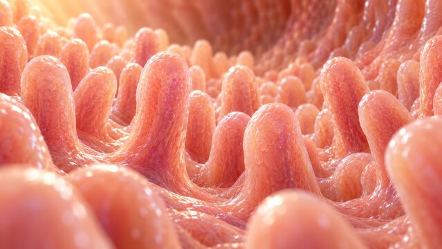 Intestinal villi lining the small intestine in a microscopic anatomical view. Digestive system health and disease prevention. Nutrient absorption and gut function.