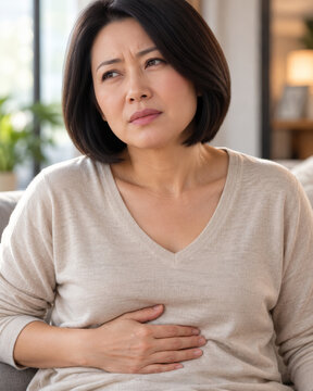 Woman holding abdomen with digestive discomfort at home. Digestive system health and abdominal pain. Gastrointestinal disease symptoms. Health care and prevention concept.