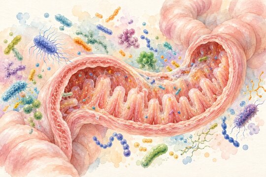 Watercolor illustration of intestinal tract with diverse gut bacteria. Digestive system microbiome and intestinal flora. Gut health, disease prevention and medical education. Human anatomy