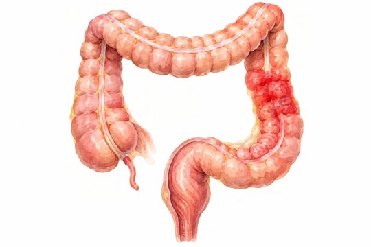 Watercolor illustration of human large intestine with inflamed colon. Digestive system disease and prevention. Colorectal health education. Anatomy and medical care.