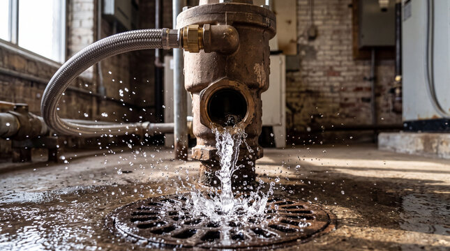 Water discharging from a backflow preventer relief valve into a floor drain during an annual test.