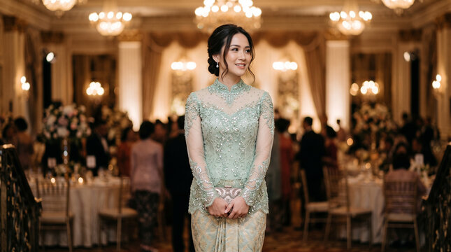 a beautiful young woman wearing a modern and elegant kebaya