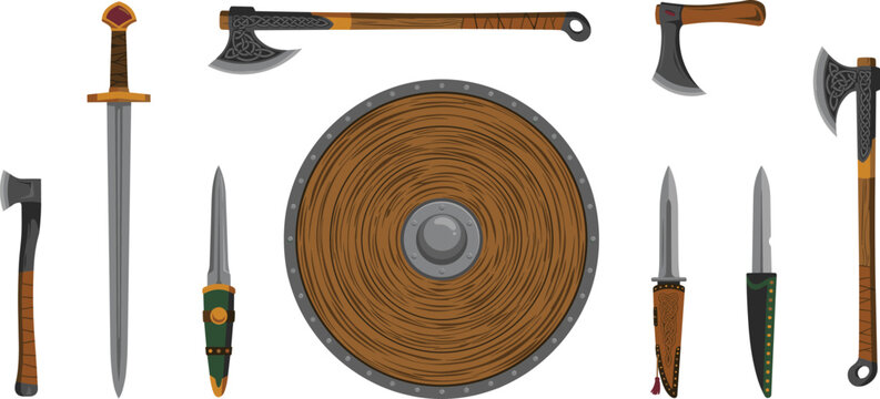 Ancient Norse Viking Weapon and Armor Set Featuring Wooden Round Shield, Steel Sword, Throwing Axes, Tomahawks, and Daggers flat Vector Illustration
