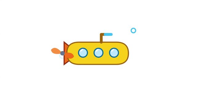 Three yellow submarines traveling underwater animated cartoon vector graphic moving across screen